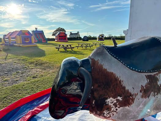 Rodeo bull and bouncy castles on the field on a sunny fun day