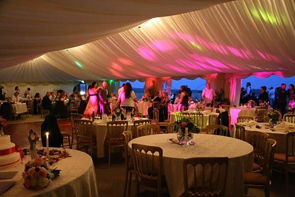 The marquee lit up for an evening party