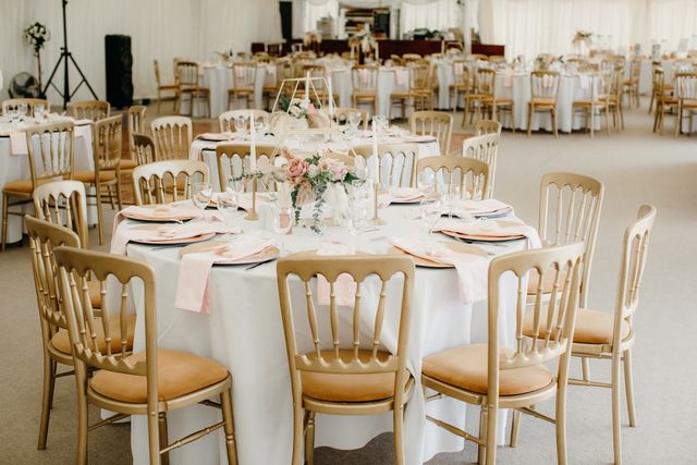 The marquee laid for a wedding breakfast